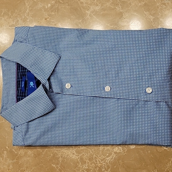 EGARA Slim Fit Non-Iron Blue & white micro check Long-sleeved Button-down Shirt, - Picture 1 of 11